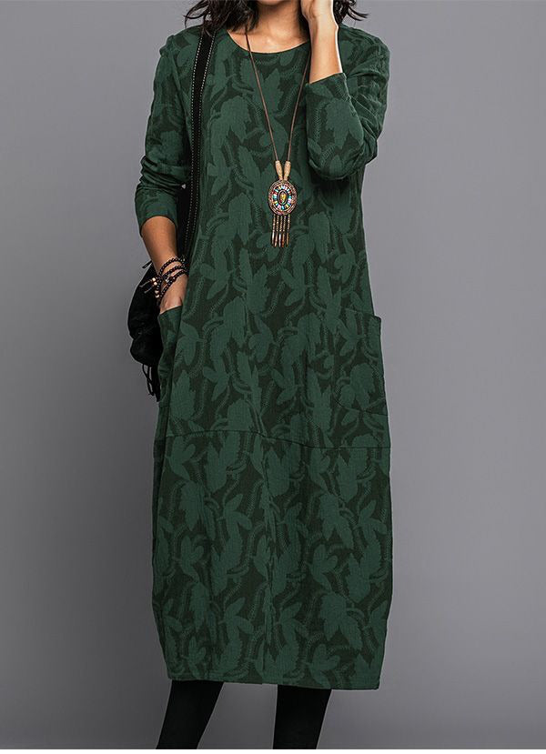 Loose Fit Midi Dress with Floral Print and Side Pockets, Long Sleeves All Vera Mart