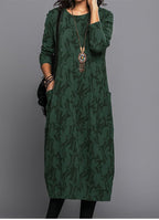 Loose Fit Midi Dress with Floral Print and Side Pockets, Long Sleeves All Vera Mart