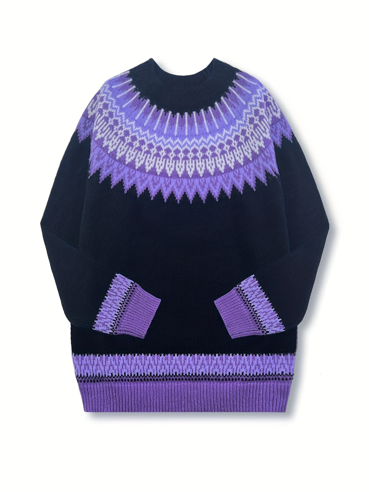 Womens Chunky Jacquard Round Neck Sweater with a Nature Inspired Pattern in Eight Colors