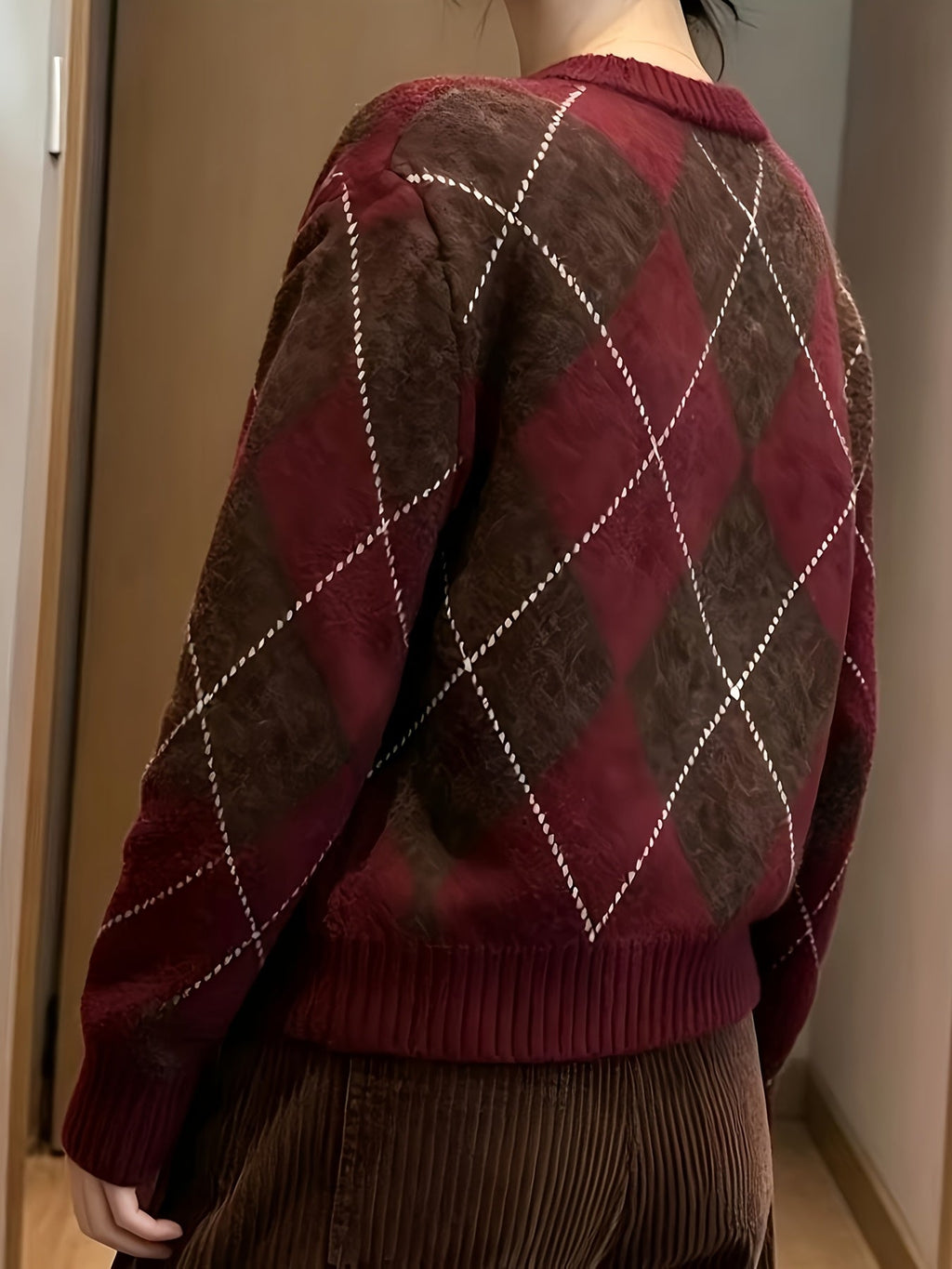 Womens Diamond Argyle Round Neck Sweater with Long Sleeves and a Soft Warm Relaxed Fit in Red Brown