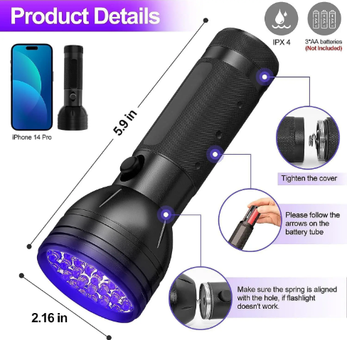 51 LED UV Flashlight for Pet Stain Detection with Aluminum Body and Lanyard All Vera Mart
