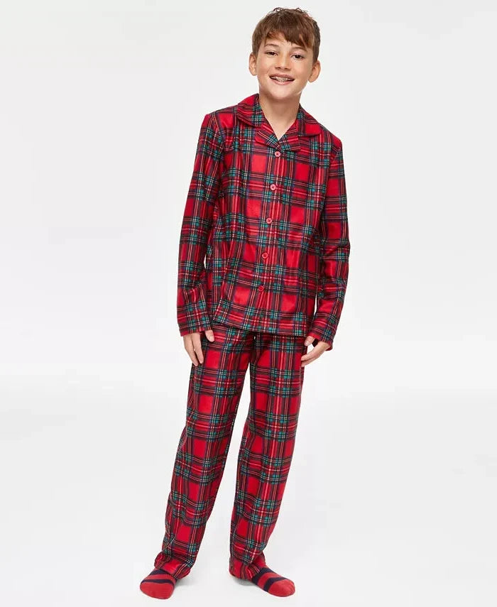 Plaid Pajama Set with Button-Front Shirt and Elastic Waist Pants for Kids All Vera Mart