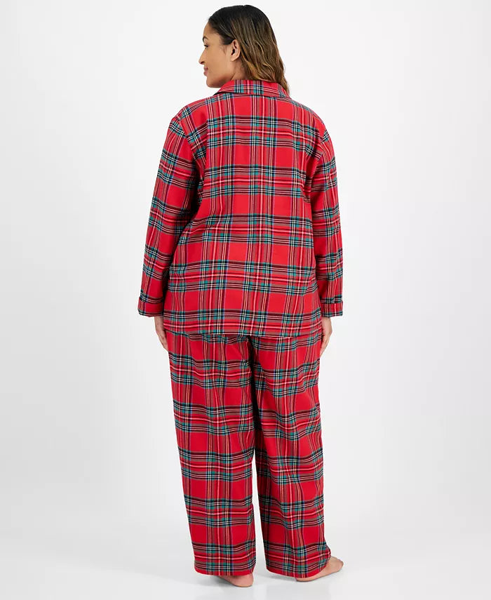Flannel Pajama Set with Button Front Top and Drawstring Pants, Plaid Pattern All Vera Mart