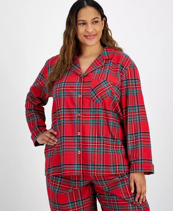 Flannel Pajama Set with Button Front Top and Drawstring Pants, Plaid Pattern All Vera Mart