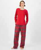 Plaid Pajama Set with Crewneck Pullover Top and Drawstring Pants in Cotton