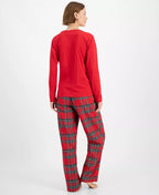 Plaid Pajama Set with Crewneck Pullover Top and Drawstring Pants in Cotton