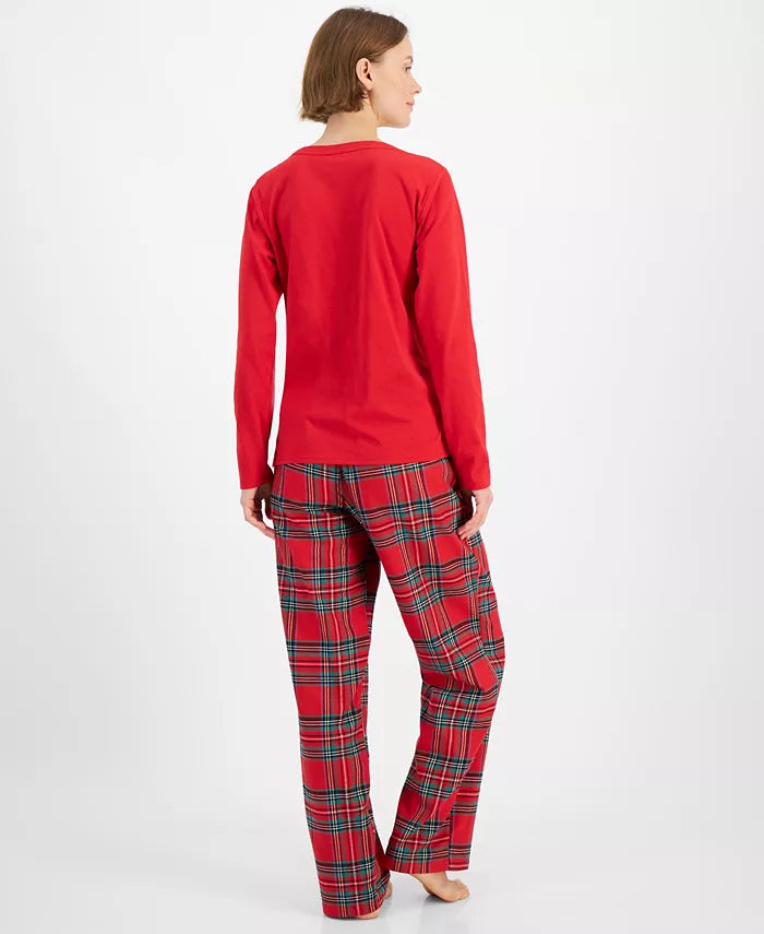 Plaid Pajama Set with Crewneck Pullover Top and Drawstring Pants in Cotton