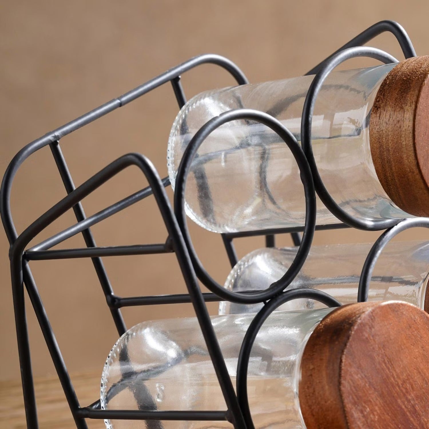 Glass Spice Jar Set with Slanted Wooden Stand and Airtight Lids All Vera Mart