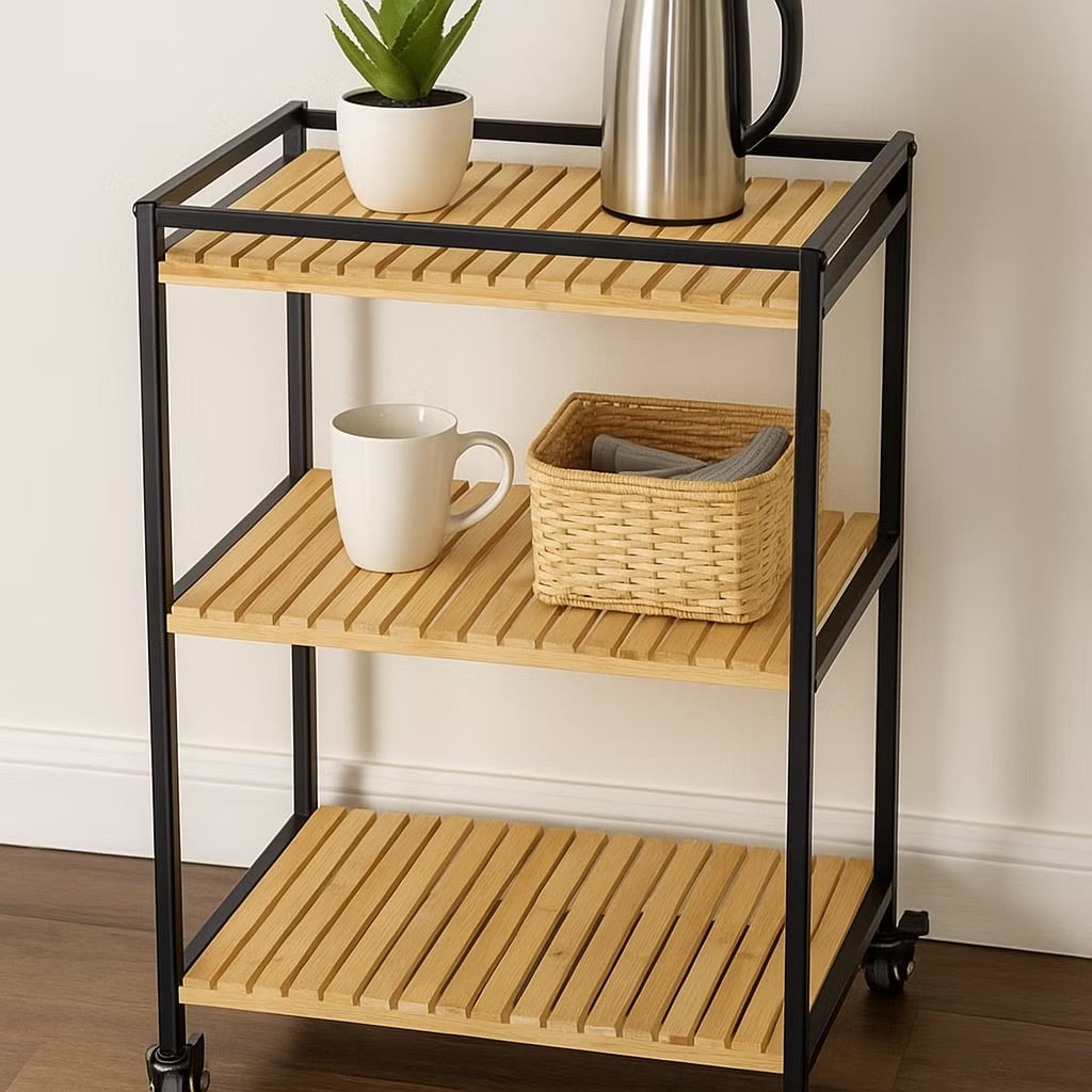 Bamboo Storage Trolley with Three Open Tiers and Rolling Wheels for Bathrooms and Kitchens All Vera Mart