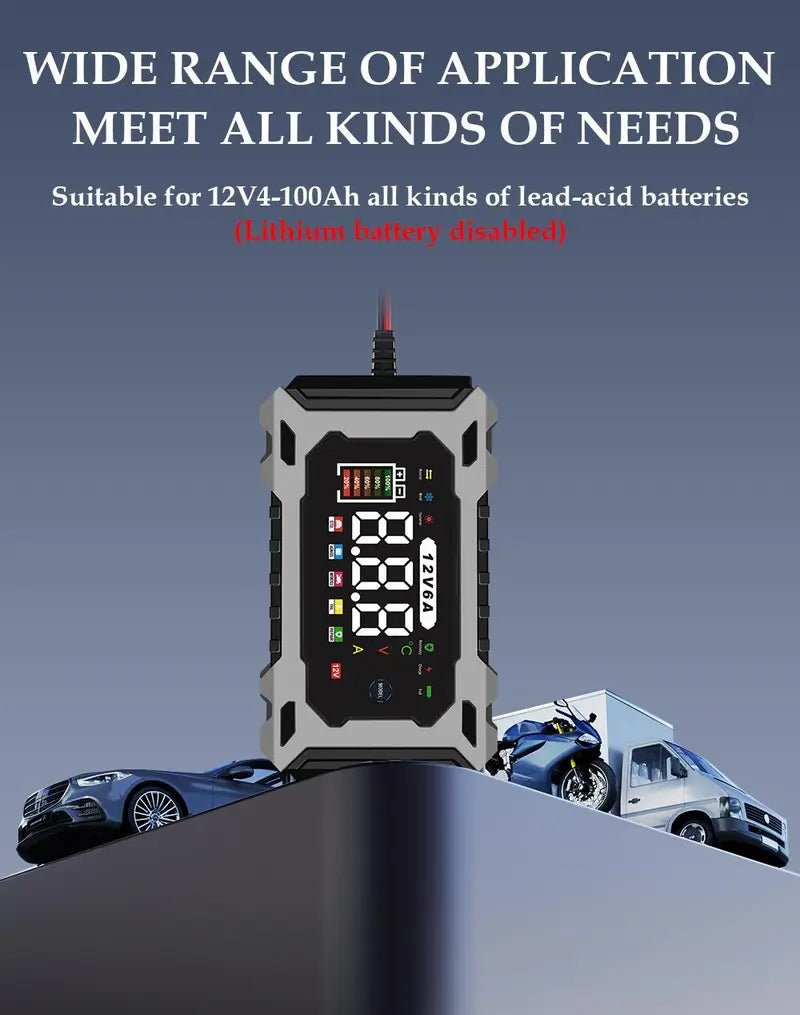 Smart Car and Motorcycle Battery Charger with 12V 6A Output and Digital Display