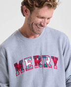 Crewneck Sweatshirt with Plaid Merry Appliqué and Long Sleeves, Hip Length All Vera Mart