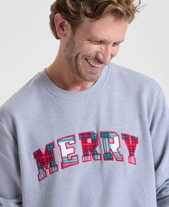 Crewneck Sweatshirt with Plaid Merry Appliqué and Long Sleeves, Hip Length All Vera Mart