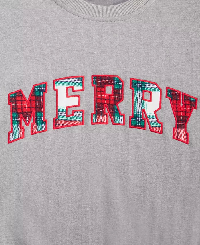 Crewneck Sweatshirt with Plaid Merry Appliqué and Long Sleeves, Hip Length All Vera Mart
