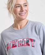 Festive Crewneck Sweatshirt with Plaid Merry Appliqué and Stretch Fabric, Long Sleeves All Vera Mart
