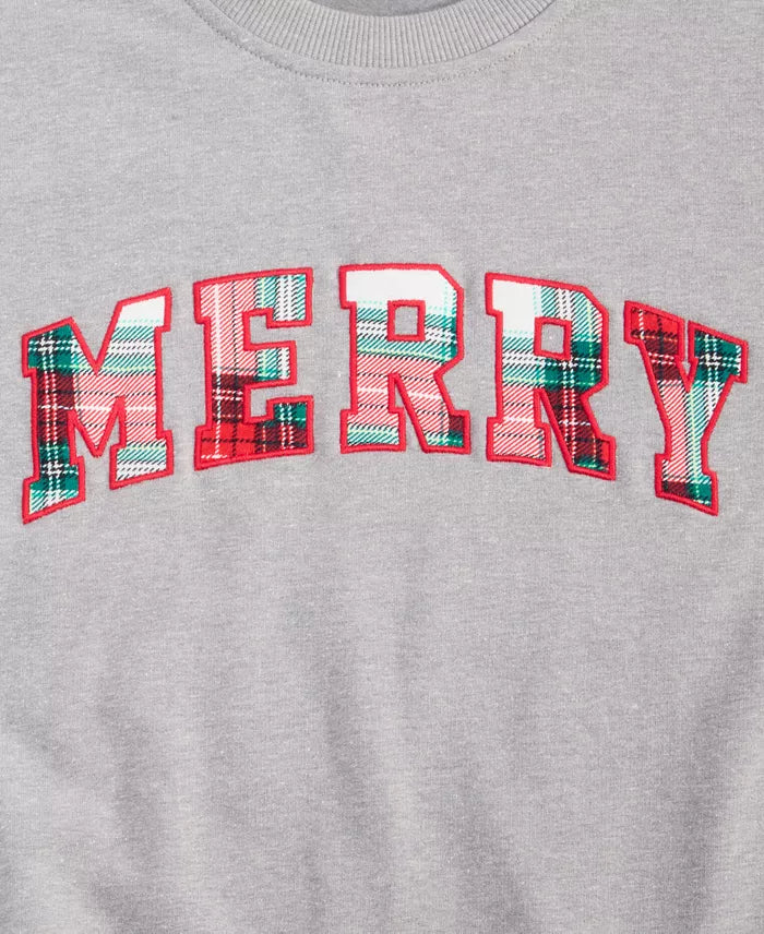 Festive Crewneck Sweatshirt with Plaid Merry Appliqué and Stretch Fabric, Long Sleeves All Vera Mart