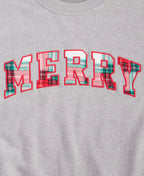 Festive Crewneck Sweatshirt with Plaid Merry Appliqué and Stretch Fabric, Long Sleeves All Vera Mart