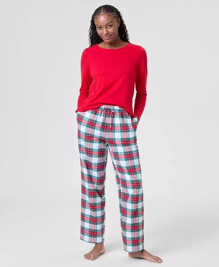 Women's Flannel Pajama Set with Plaid Print and Side Pockets, Adjustable Drawstring All Vera Mart