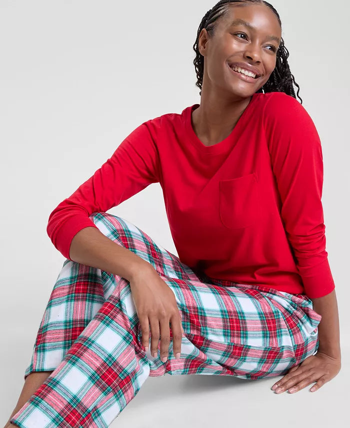 Women's Flannel Pajama Set with Plaid Print and Side Pockets, Adjustable Drawstring All Vera Mart
