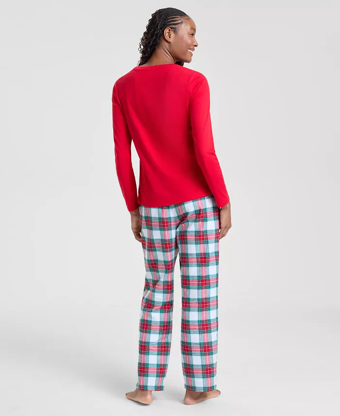 Women's Flannel Pajama Set with Plaid Print and Side Pockets, Adjustable Drawstring All Vera Mart