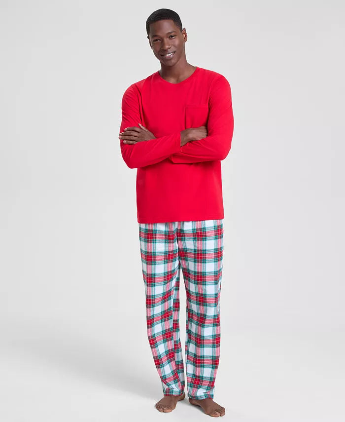 Plaid Flannel Two-Piece Pajamas with Adjustable Drawstring and Side Pockets All Vera Mart