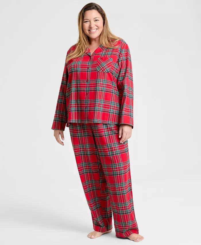 Flannel Pajama Set with Button Front Top and Drawstring Pants, Plaid Pattern All Vera Mart