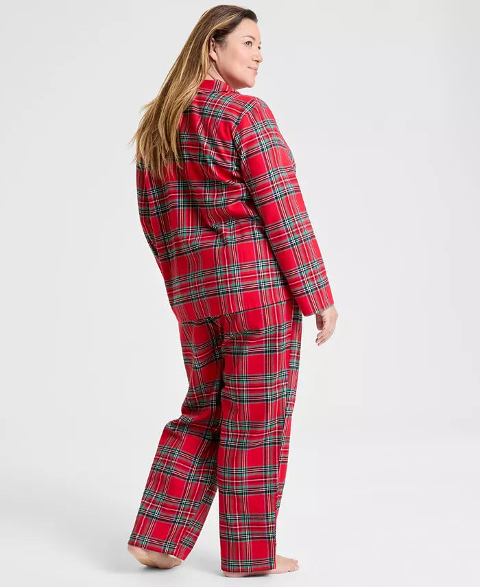 Flannel Pajama Set with Button Front Top and Drawstring Pants, Plaid Pattern All Vera Mart