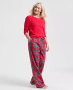 Plaid Pajama Set with Crewneck Pullover Top and Drawstring Pants in Cotton