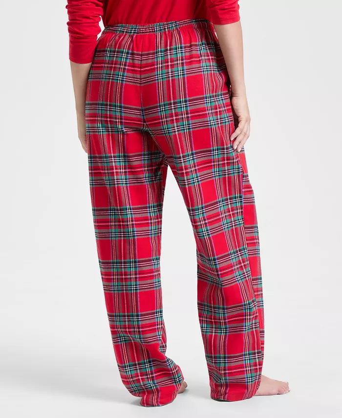 Plaid Pajama Set with Crewneck Pullover Top and Drawstring Pants in Cotton