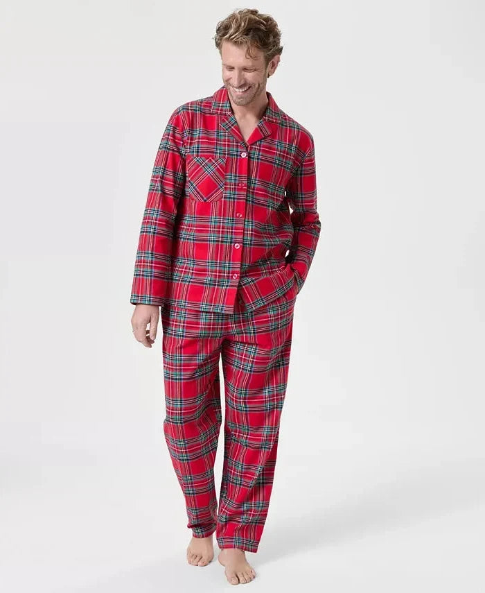 Woven Flannel Pajama Set with Button Front Top and Drawstring Pants, Plaid Pattern All Vera Mart