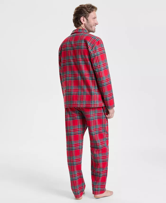 Woven Flannel Pajama Set with Button Front Top and Drawstring Pants, Plaid Pattern All Vera Mart