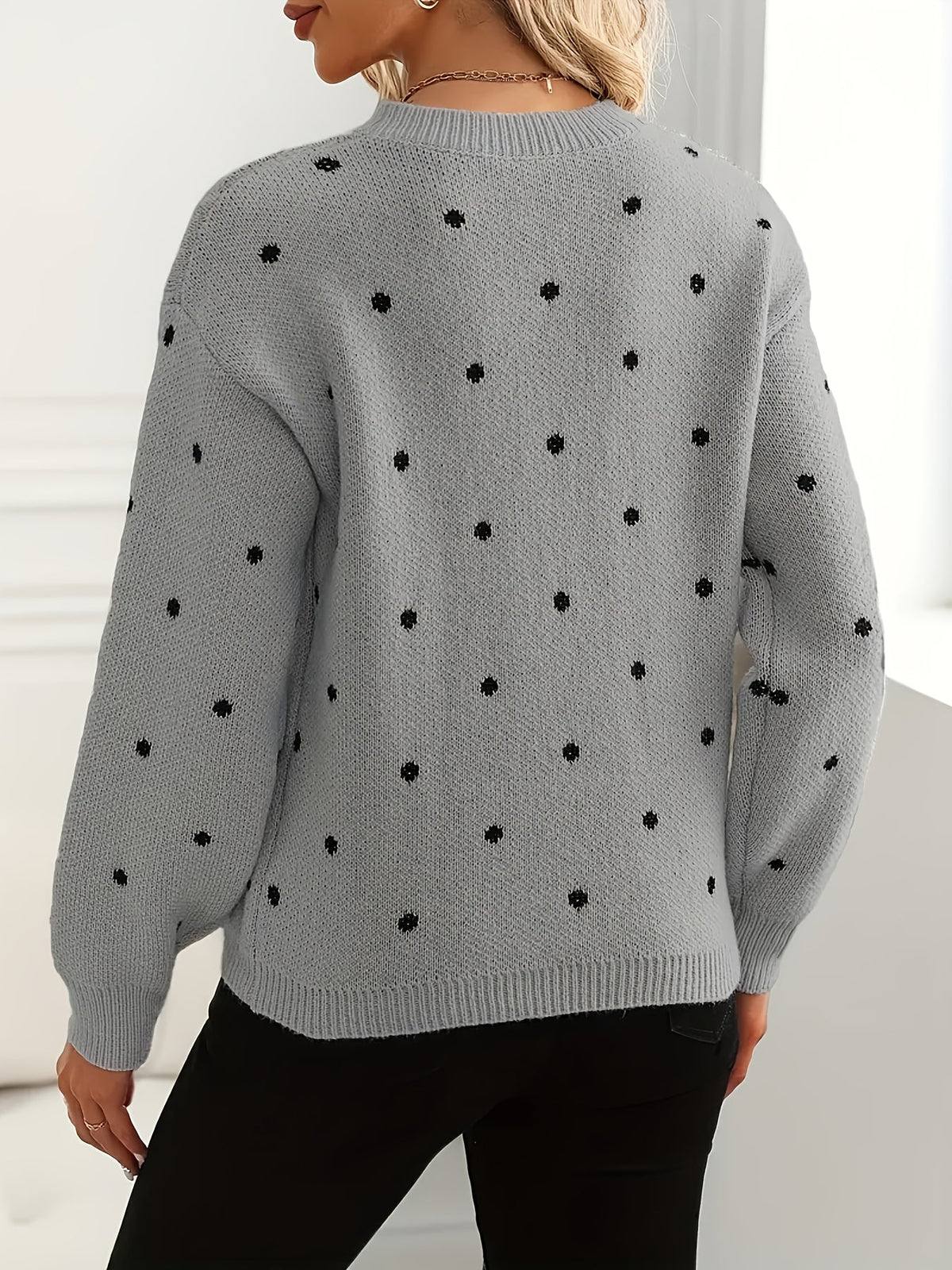 Womens Polka Dot Crew Neck Sweater with Soft Warm Knit and Relaxed Fit in Khaki or Gray