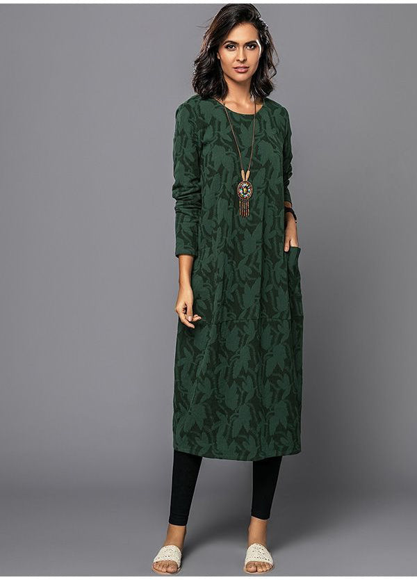 Loose Fit Midi Dress with Floral Print and Side Pockets, Long Sleeves All Vera Mart
