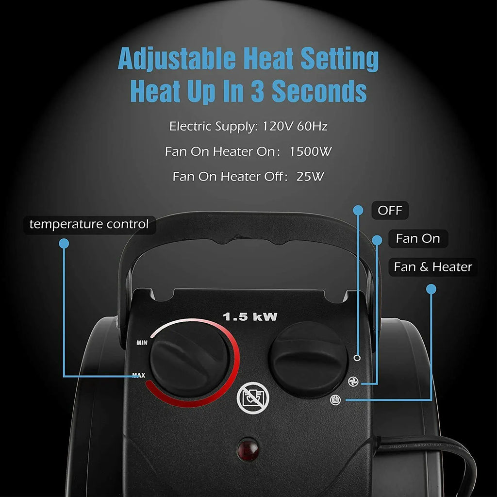 Electric Space Heater 1500W with Stainless Steel Coil and Two-Way Fan, Splash-Protected All Vera Mart