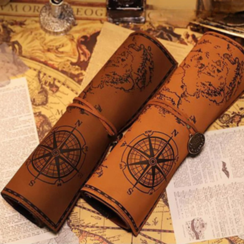 Treasure Map Roll Up Pencil Case with Vintage Print and Flat Storage Design All Vera Mart