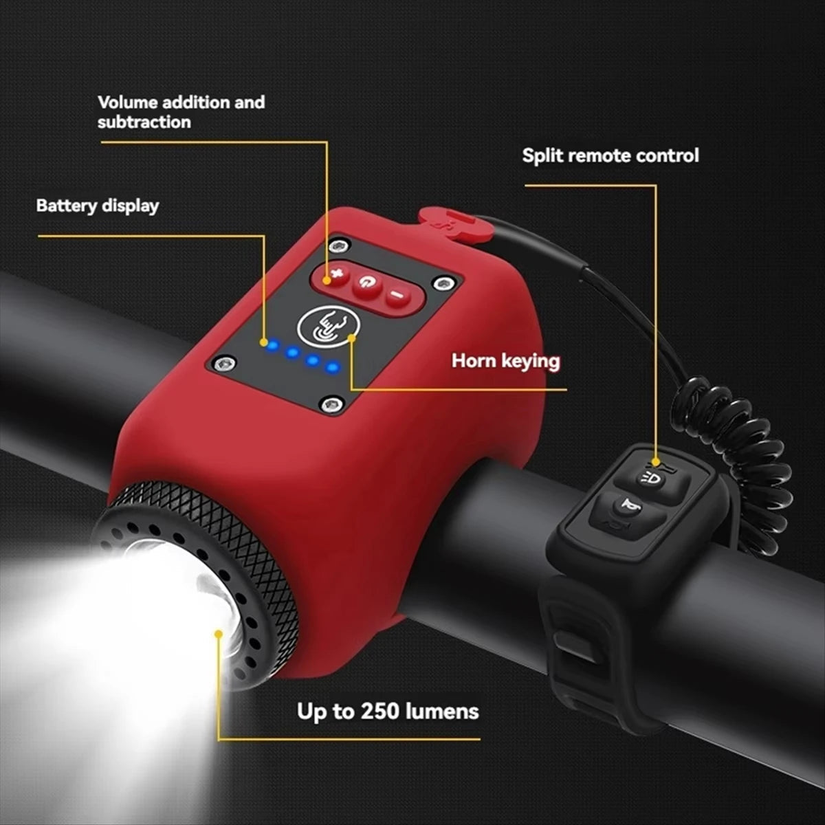 Handlebar Horn and Light with Split Remote Control and Four Light Modes All Vera Mart