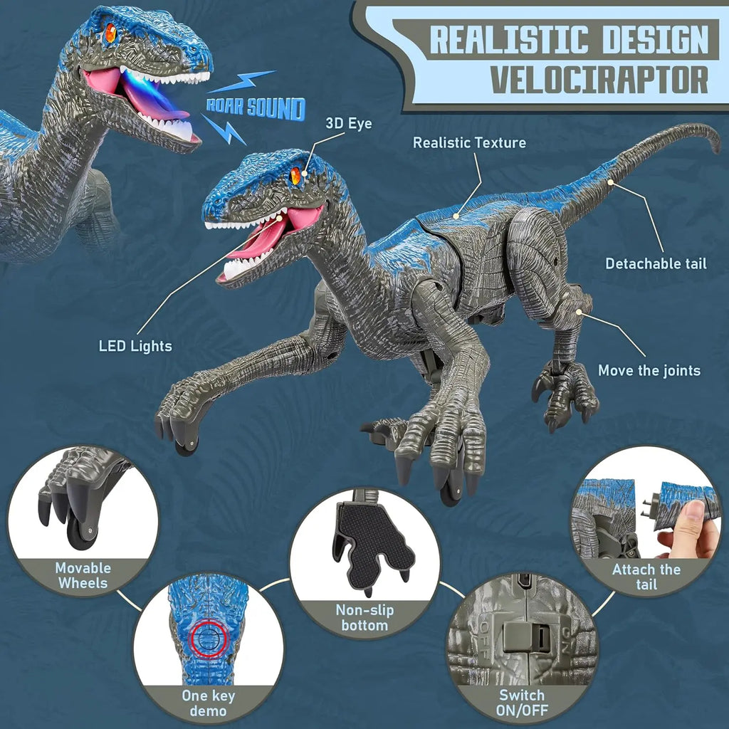 Velociraptor Toy with 2.4GHz Remote and Lifelike Motion, Lights, Rechargeable USB All Vera Mart