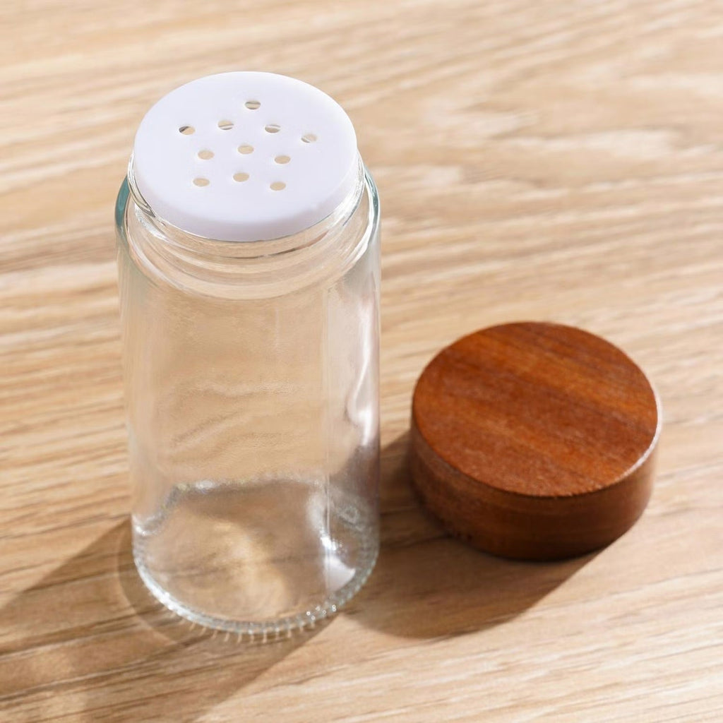 Glass Spice Jar Set with Slanted Wooden Stand and Airtight Lids All Vera Mart