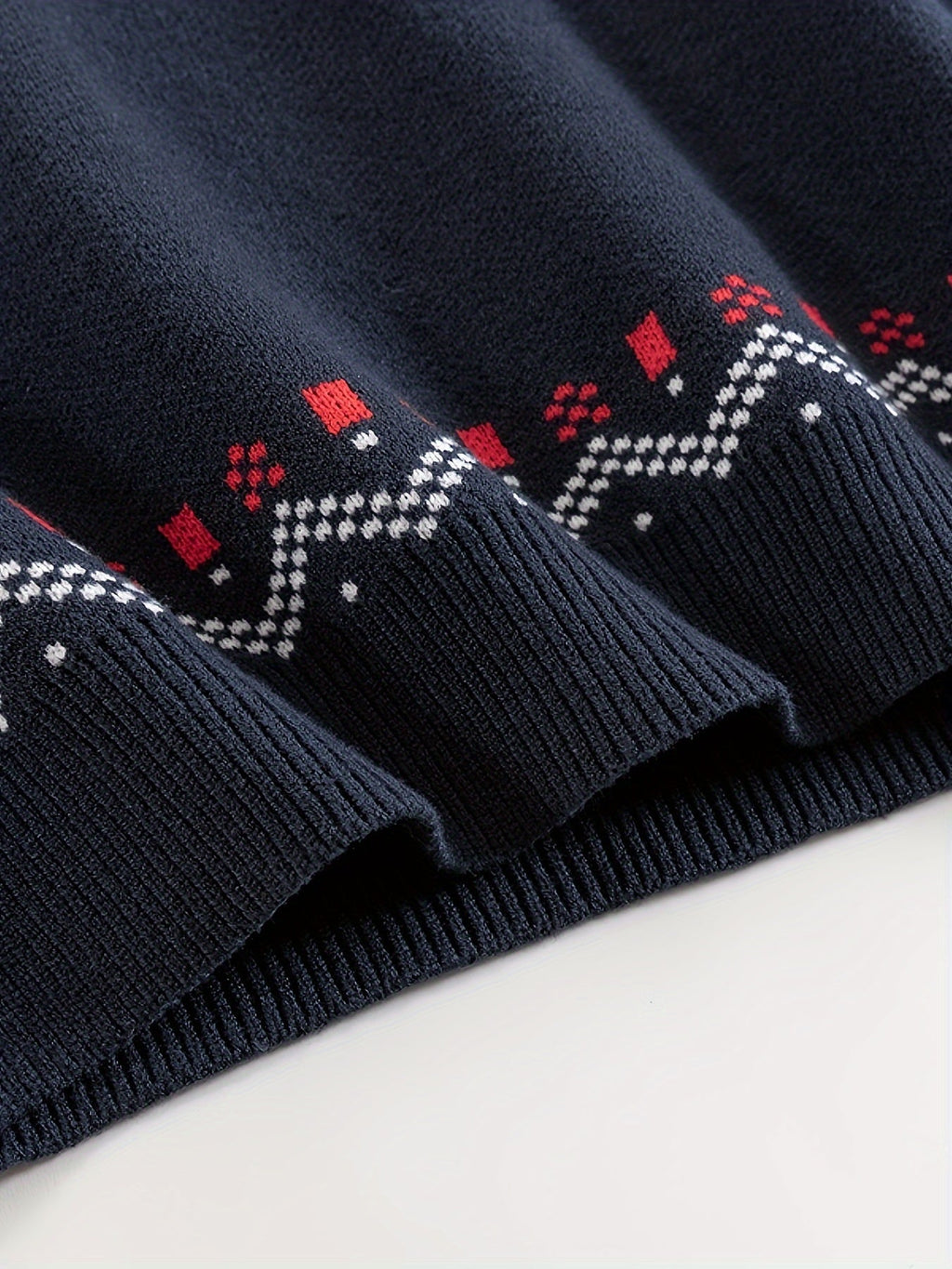 Mens Nordic Snowflake Knit Sweater with Ribbed Cuffs and Hem and a Round Neck in Navy