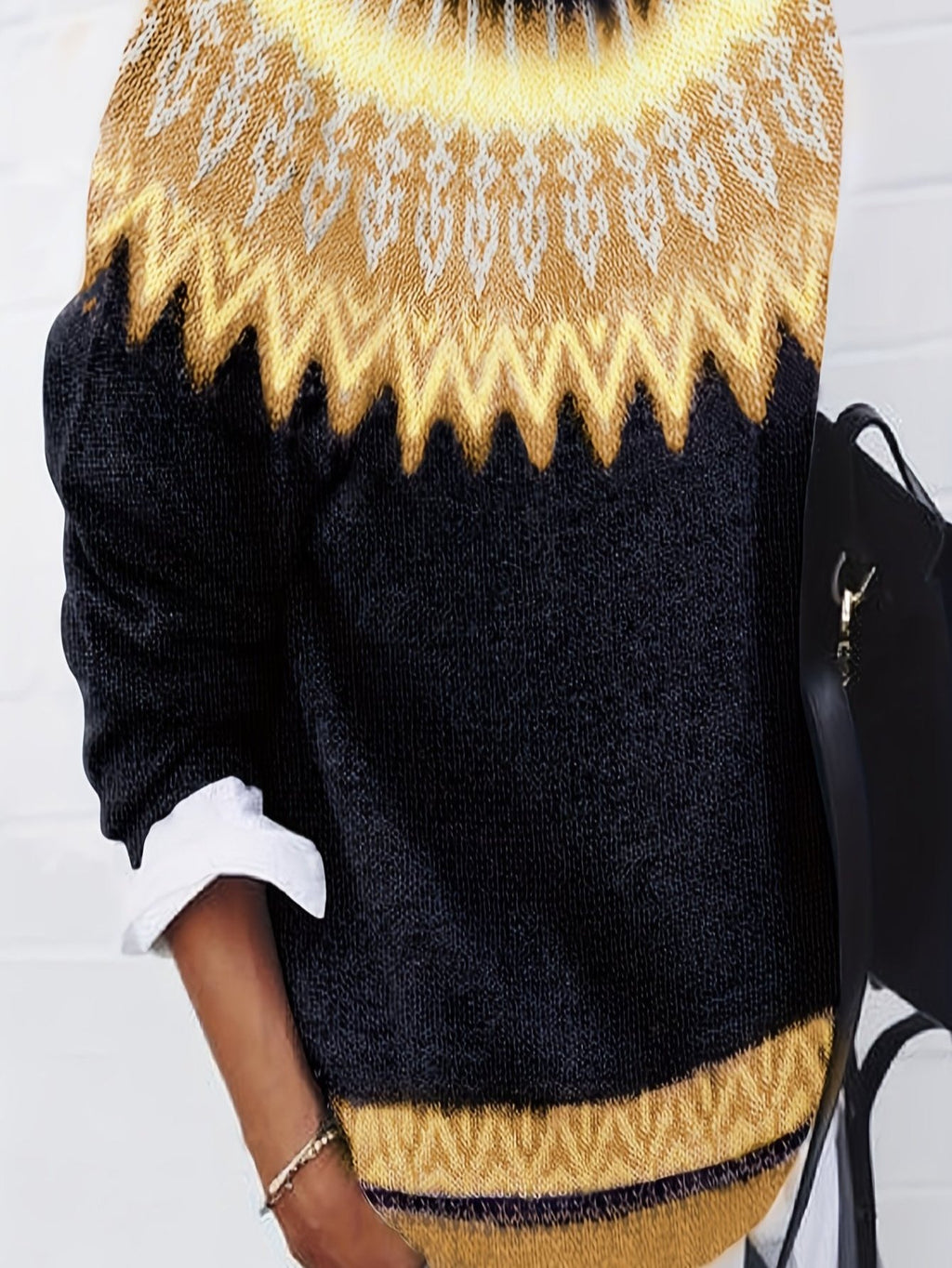 Womens Chunky Jacquard Round Neck Sweater with a Nature Inspired Pattern in Eight Colors