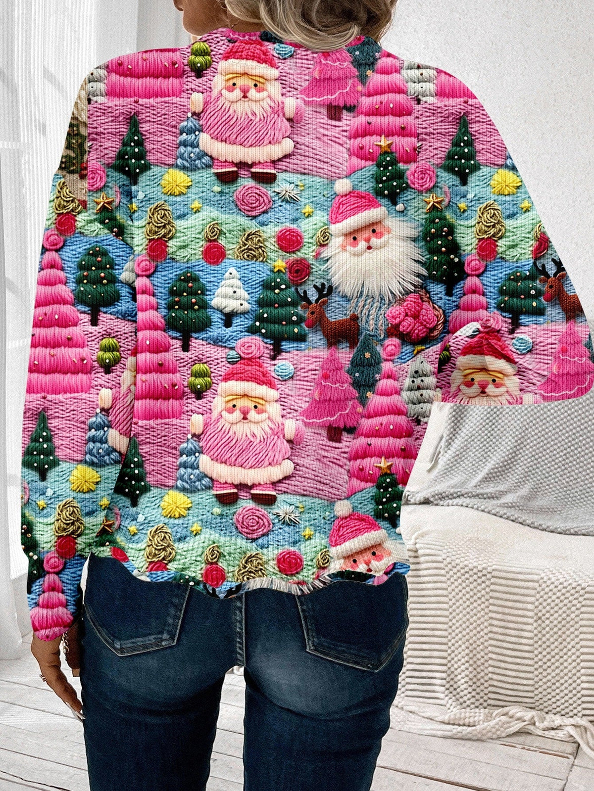Women's Christmas Pullover Sweater with Scalloped Hem and Multicolor Holiday Pattern All Vera Mart