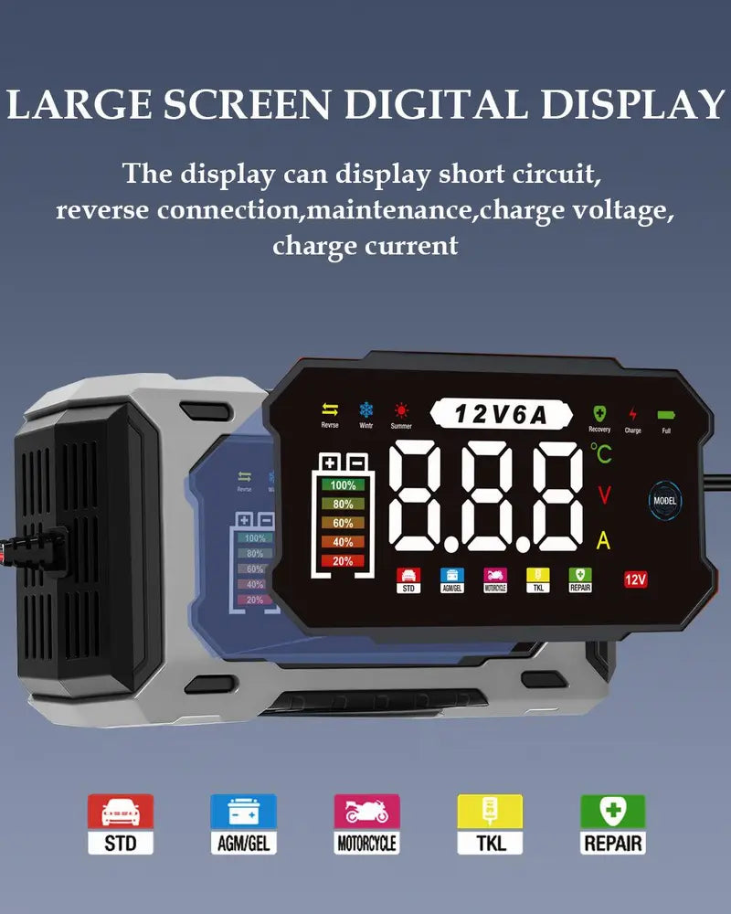 Smart Car and Motorcycle Battery Charger with 12V 6A Output and Digital Display