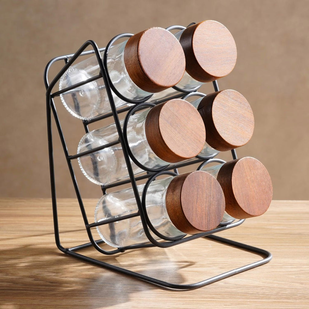 Glass Spice Jar Set with Slanted Wooden Stand and Airtight Lids All Vera Mart