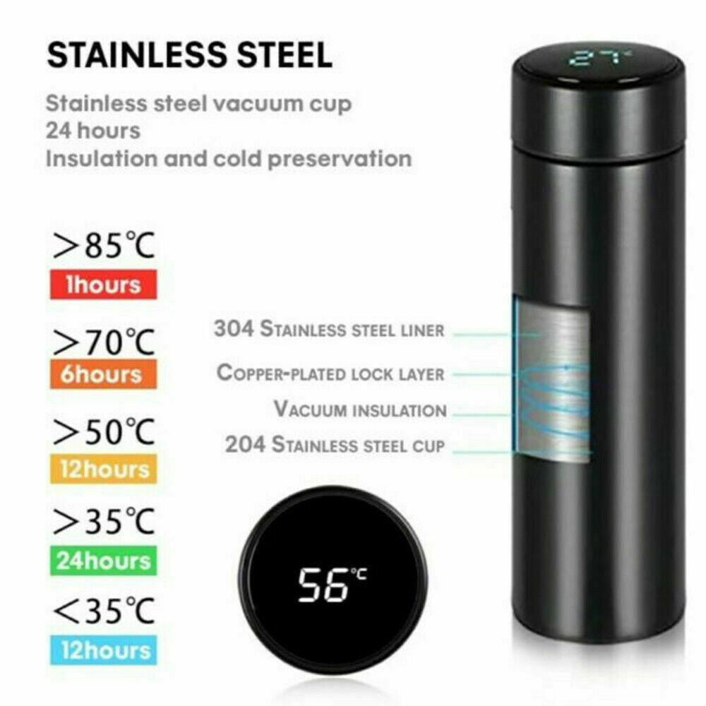 Smart Thermos Bottle with Touch Activated LED Temperature Display, 500ml All Vera Mart
