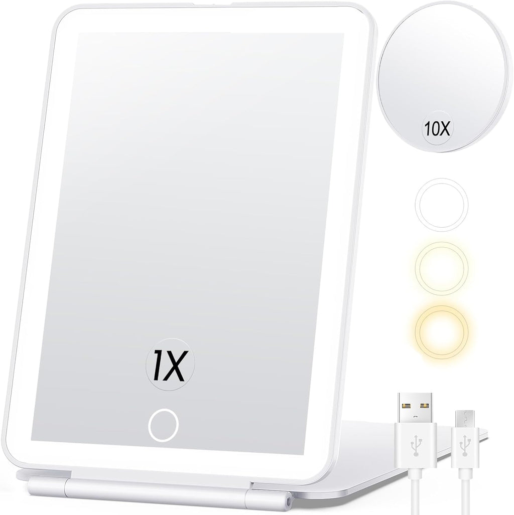 Portable Makeup Mirror with 10X Magnification and LED Lighting, Rechargeable All Vera Mart