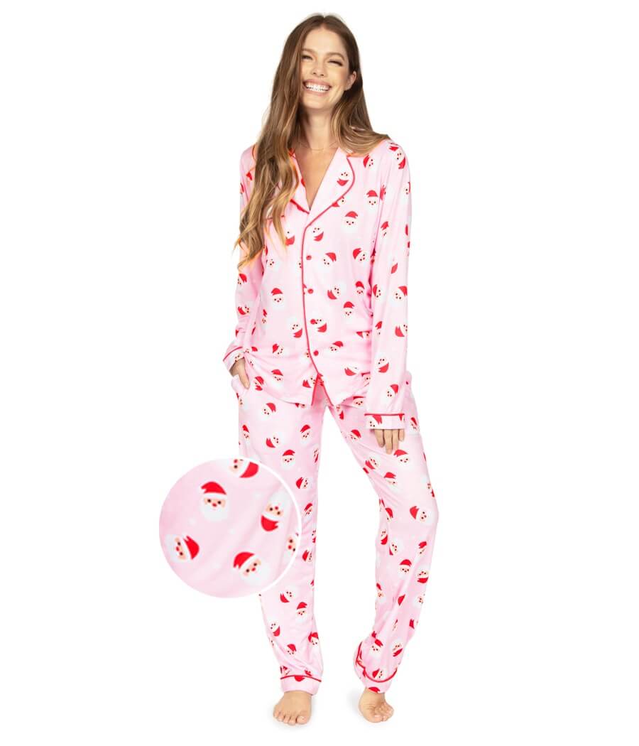 Womens Pink Santa Print Lapel Pajama Set for Christmas