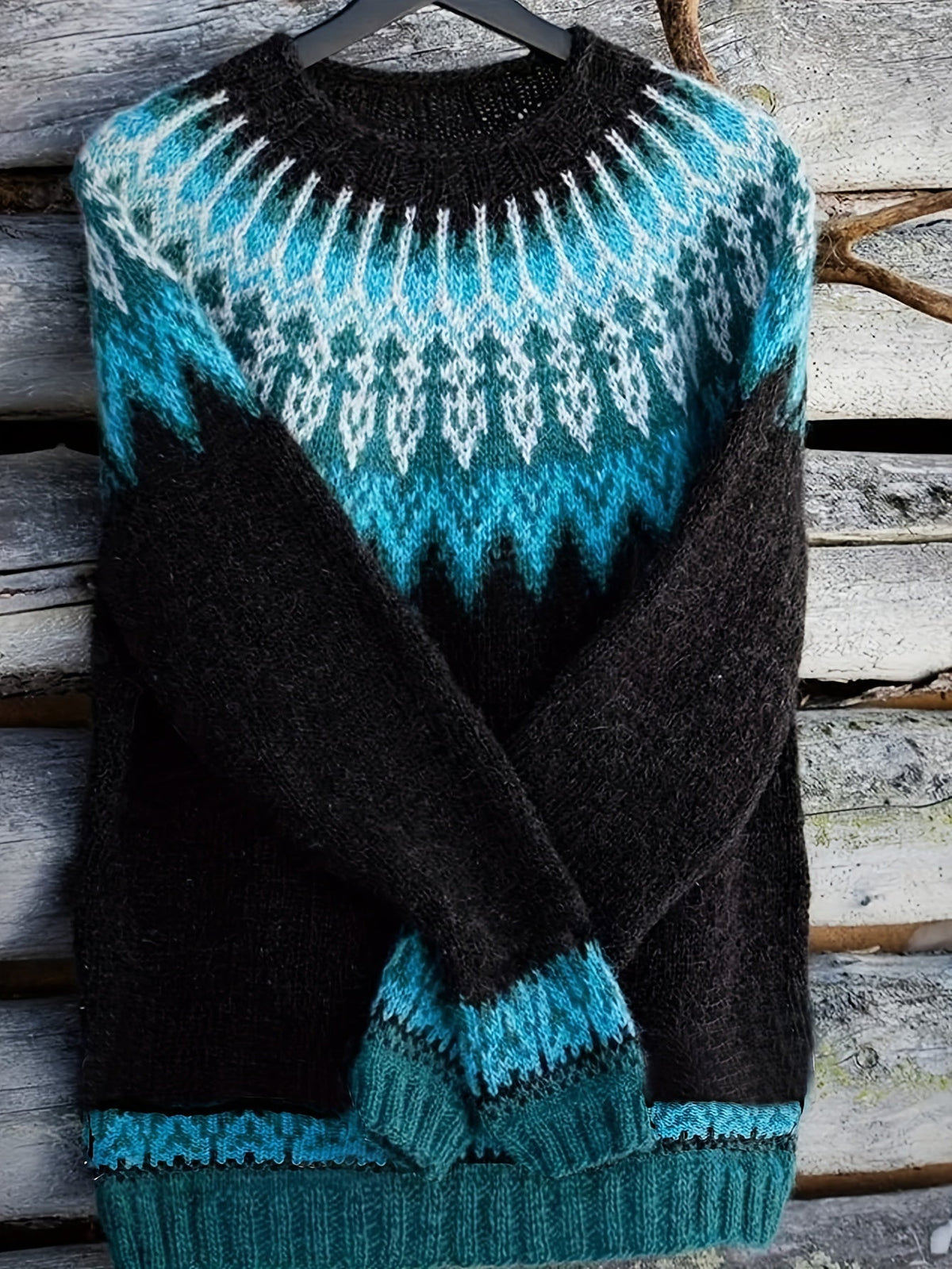 Womens Chunky Jacquard Round Neck Sweater with a Nature Inspired Pattern in Eight Colors