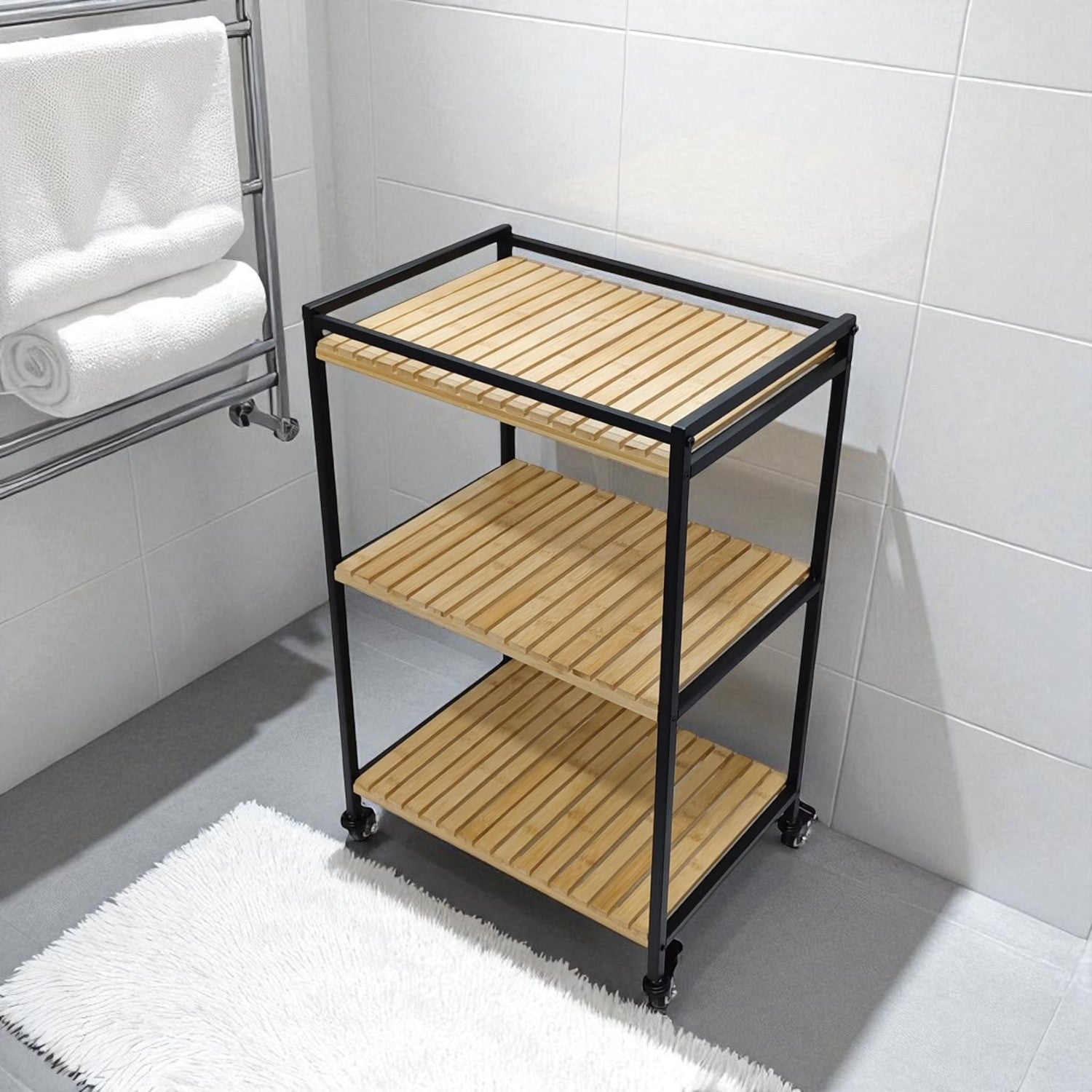 Bamboo Storage Trolley with Three Open Tiers and Rolling Wheels for Bathrooms and Kitchens All Vera Mart