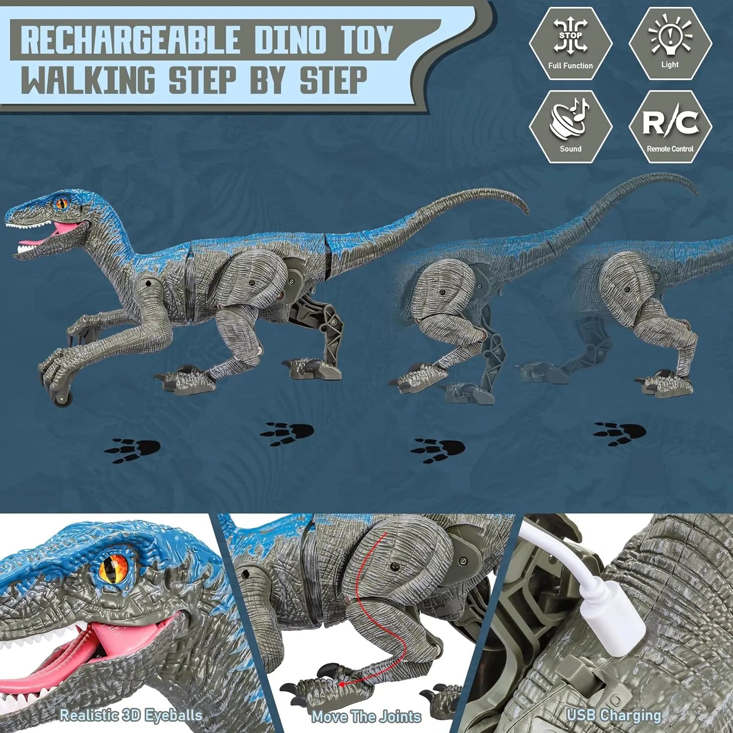 Velociraptor Toy with 2.4GHz Remote and Lifelike Motion, Lights, Rechargeable USB All Vera Mart