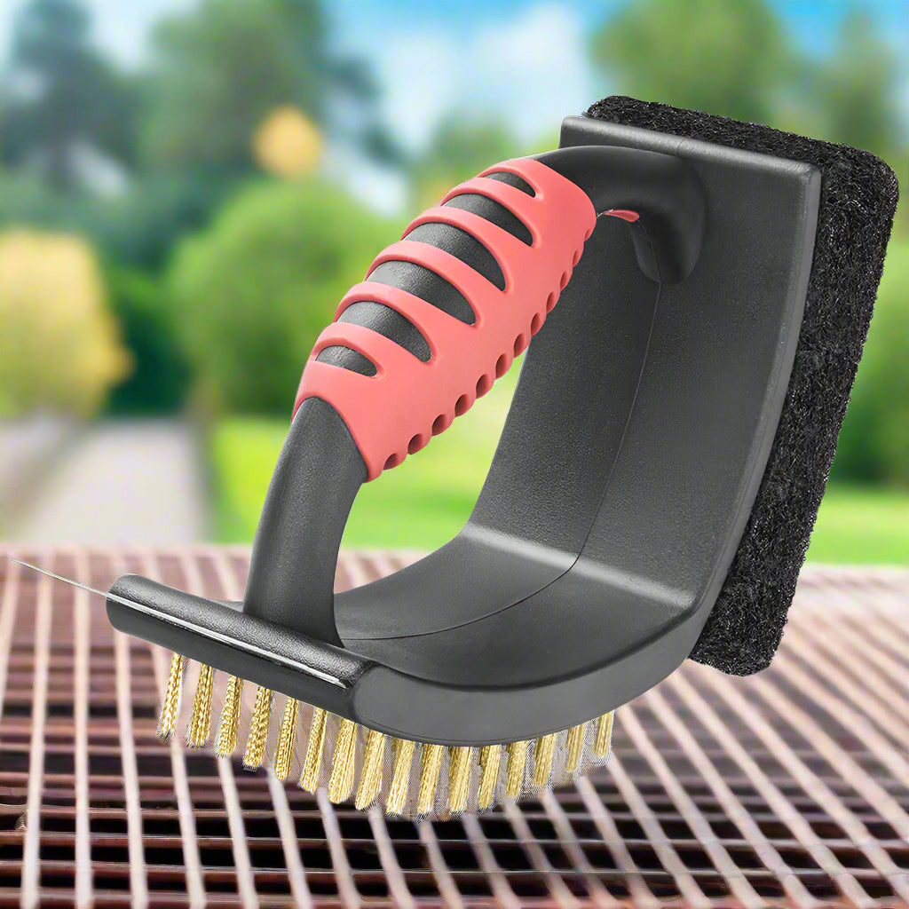 Brass Bristle Grill Brush with Copper Scraper and Scouring Pad All Vera Mart
