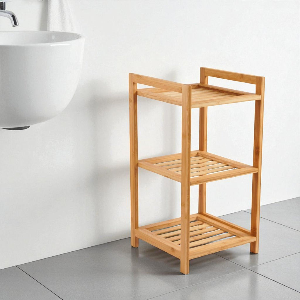 Bamboo Bathroom Shelf Organizer with Three Open Tiers and Natural Wood Finish All Vera Mart